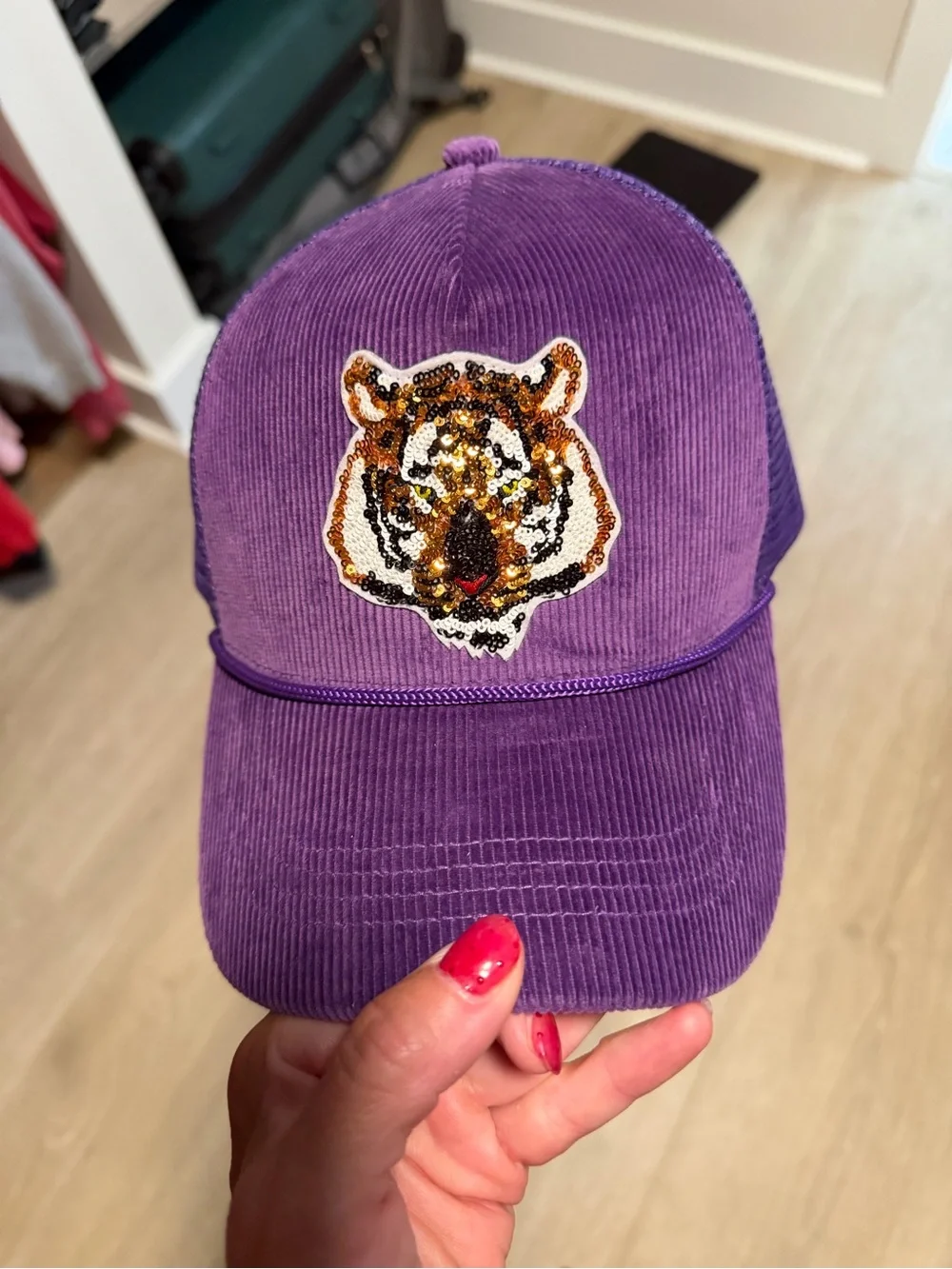 Sequin Tiger Corduroy Baseball Cap - Purple